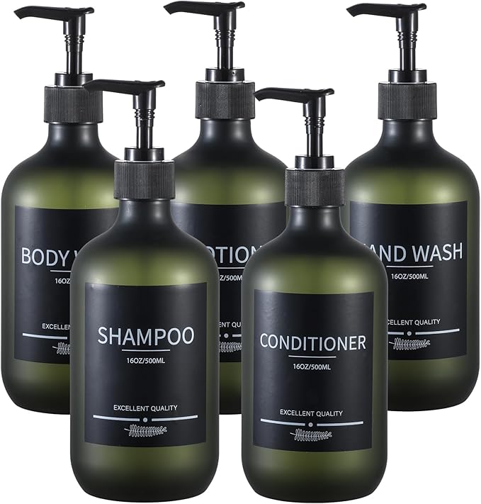 Plastic Refillable Shampoo and Conditioner Bottles with Pumps and Labels (5-Pack, Green)