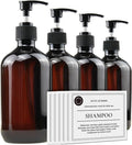 Empty Plastic Bottles with Pump Dispenser and Labels Included, Refillable Travel Containers for Hand sanitizer Shampoo Lotion, etc - No BPA/Parabenf, 500ml/16.9oz (Amber, 4 Pack)