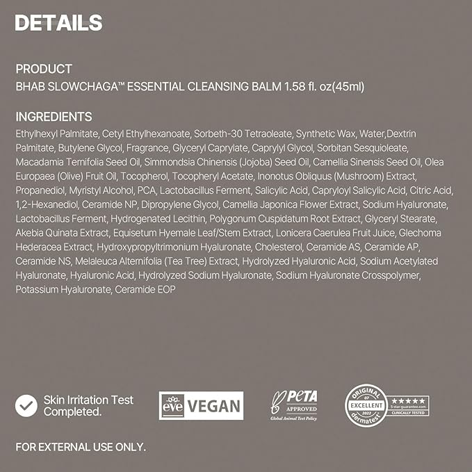 BHAB SLOWCHAGA Essential Cleansing Balm with BHA AHA LHA, Makeup Remover Balm with Hyaluronic Acid, Jojoba Oil, Ceramides for Deep Cleansing, Pore Care & Hydration - Korean Skincare 3.38 fl oz (100ml)