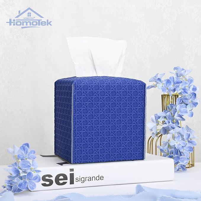 HOMOTEK 2 Pack Tissue Box Cover, Square PU Leather Tissue Holder, Decorative Facial Tissue Cube Paper Organizer Dispenser for Bathroom, Night Stands, Desk, Car 5X5X5'' - Rattan Weave,Blue