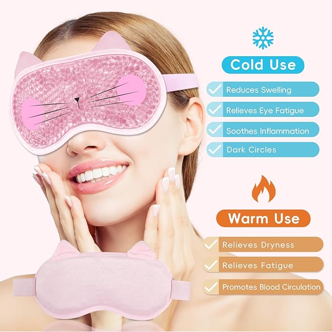 Cooling Eye Mask and Sleep Mask for Woman 2 Pcs, Cute Animal Cat Cartoon Pink Sleeping Mask Soft Cold Warm Compress Gifting for Dry Eyes Puff Eye Migraine Spa, Office, Morning Refreshment
