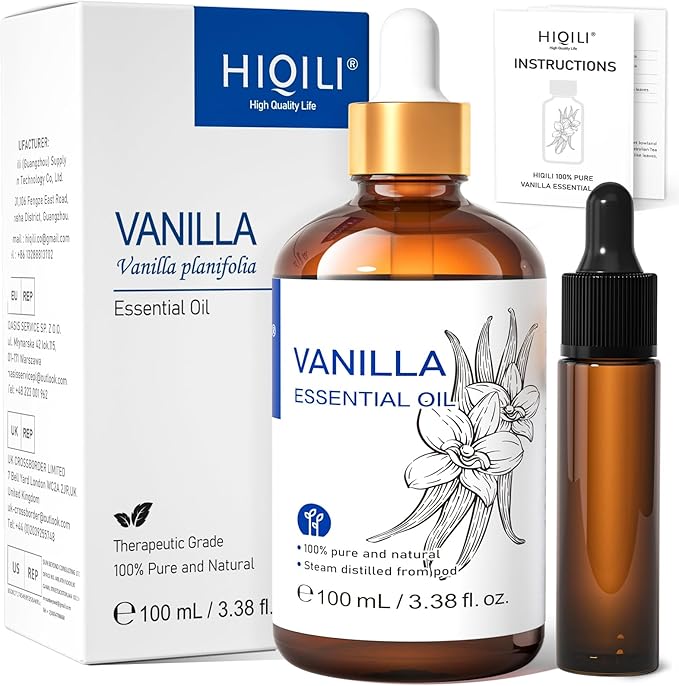 HIQILI Vanilla Essential Oil, Undiluted Natural Strong Fragrance Add in Skin Perfume, Unscented Lotion, Candle Soap Making Scent, Relax at Home with Diffuse Warm Sweet Aroma -100ML
