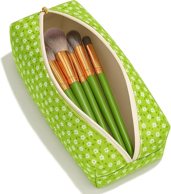 Floral Quilted Cotton Makeup Bag for Women, Large Capacity Travel Cosmetic Pouch with Zipper, Cute Toiletry & Brush Organizer, Kawaii Makeup Storage Case – Green Floral
