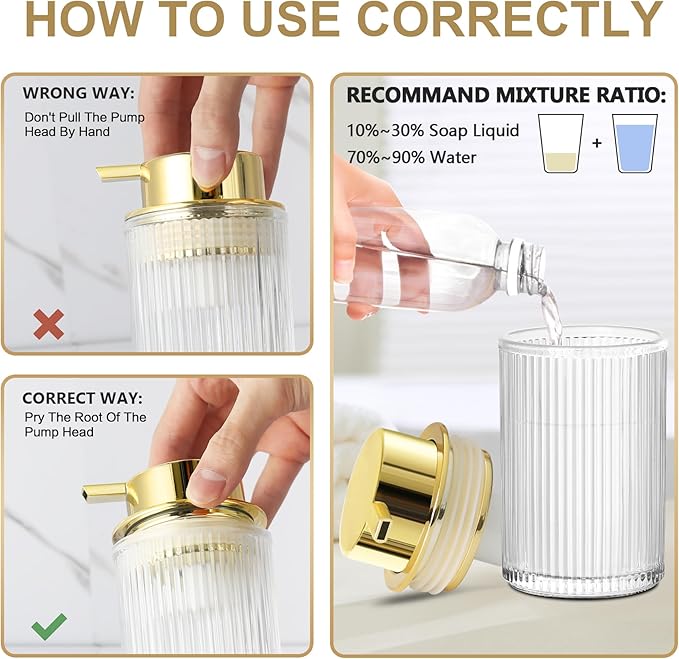 Foaming Soap Dispenser, 11 Fl Oz Clear Glass Foam Hand Soap Dispenser for Bathroom & Kitchen, Refillable Foaming Bottle with Gold Pump, Modern Ribbed Dish Soap Foam Dispenser