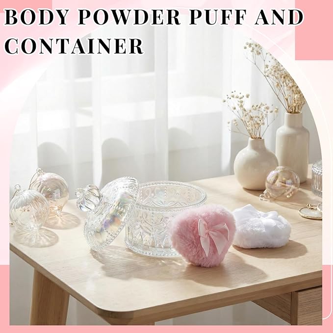 Tioncy 3 Pcs Large Body Powder Puff and Container Valentine's Day gift Powder Container with Puff Crystal Case Soft Washable Reusable Velour Face Body Glitter Wet Dry Makeup(Crown,Glitter)