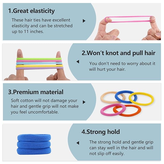 100 PCS Hair Accessories: No Damage Seamless Ponytail Holders, Elastics and Bands for Thick Hair - For Girls & Women (Multicolor)