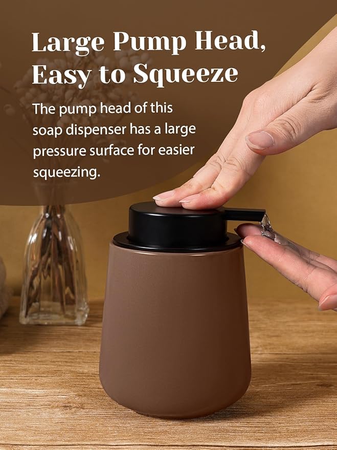 INGOFIN Ceramic Lotion Dispenser - 12 oz Hand Soap Dispenser Bathroom, Modern Liquid Dispenser with Pump, Refillable Dish Soap Bottle for Kitchen, Matte Brown