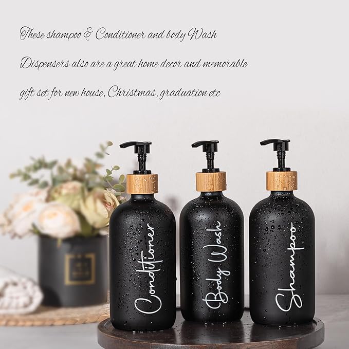 Glass Shampoo and Conditioner Pump Bottles Soap Dispenser Bamboo Pump Head Empty Glass Refillable Shampoo Conditioner Body Wash Soap Bottles for Bathroom, 17 oz, 3 Pack, Black