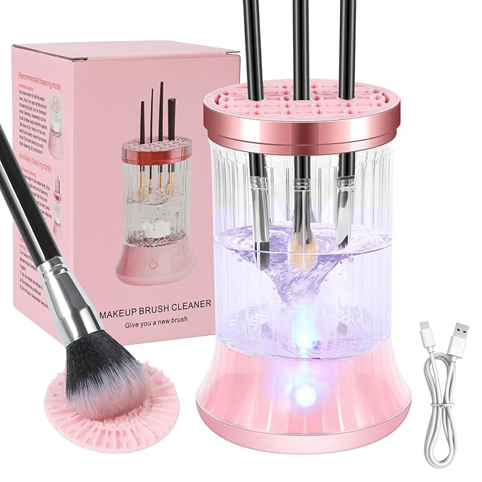 Electric Makeup Brush Cleaner Machine, Automatic USB Cosmetic Brushes Cleaner Tool Makeup Brush Cleaner for Makeup Sponges and Brushes, Washing and Drying Holder Combined(Pink)