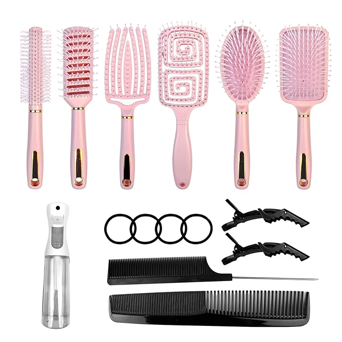 11PCS Hair Brush Set, Round Brush and Paddle Hair Brush Great On Wet Long Thick Hair, Detangling Brush and Spray Bottle for Wavy Curly Hair Pink