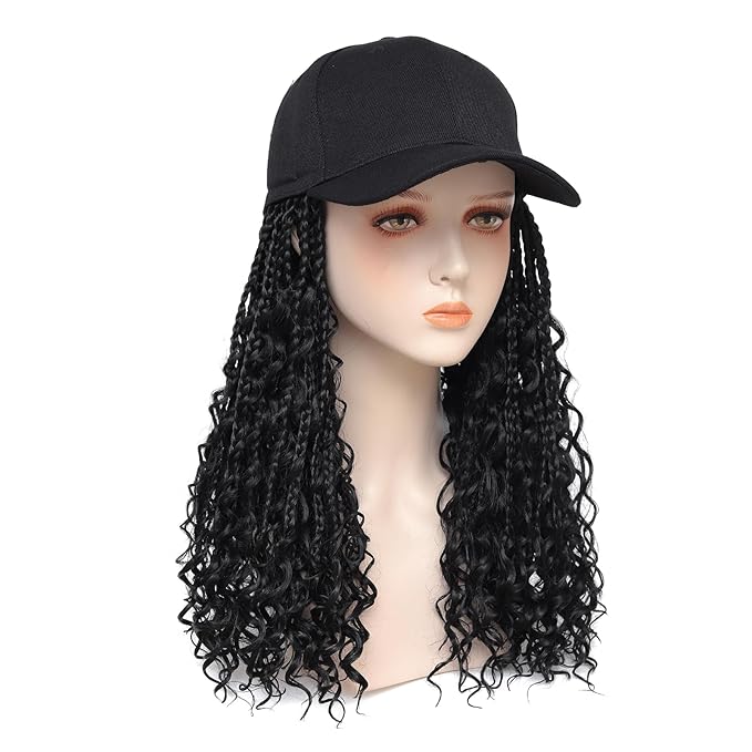 GUOJIAN Goddess Box Braiding Baseball Cap Wig Bohemian Curly Ends Box Braids Hat with Braided Hair Extensions for Black White Women Synthetic Braids Hat Wig with Hair Attached (16inch, 1B)