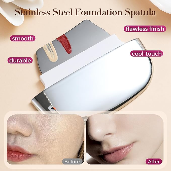 ENERGY 4-in-1 Makeup Spatula & Brush Tool, Stainless Steel with Puff, Mirror & Mixing Palette – Portable Kabuki Face Cosmetic Applicator for Liquid Foundation, BB/CC Cream, Concealer & Contour