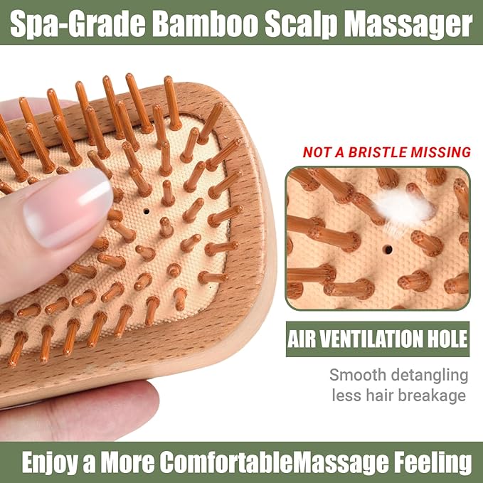 Natural Wooden Hair Brush with Bamboo Pins - No Handle Scalp Massager for Hair Growth & Detangling, Small Mini Portable Hairbrush for All Hair Types, Women Men Travel Gift (Rectangular)