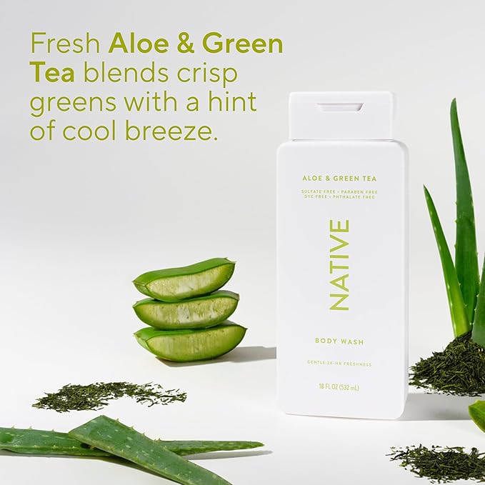 Native Body Wash Contains Naturally Derived Ingredients | For Women & Men, Sulfate, Paraben, & Dye Free Leaving Skin Soft and Hydrating |Aloe & Green Tea 18 oz