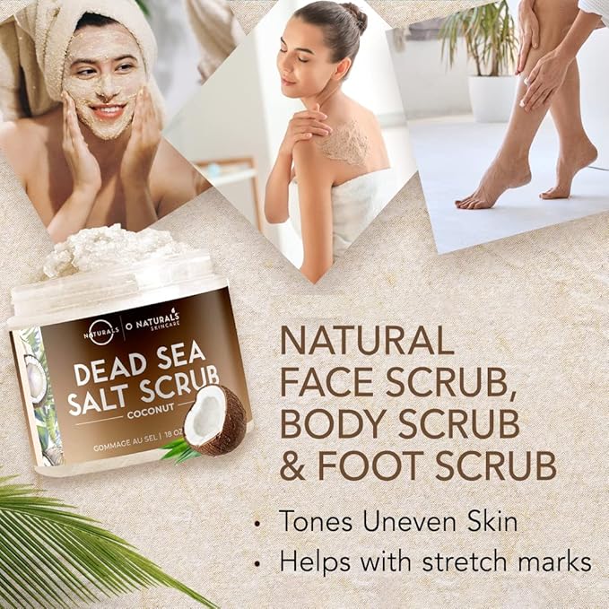 O Naturals Exfoliating Scrub, Natural Dead Sea Salt Deep-Cleansing Face & Body Scrubs. Anti-Cellulite Tones Helps Oily Skin, Acne, Ingrown Hairs & Dead Skin Remover - Coconut Oil 18oz