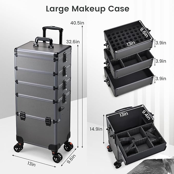 5 in 1 Makeup Train Case, Cosmetology Case on Wheels Travel Make up Case Rolling Nail Cart Makeup Organizer Cosmetic Storage Box Cases Extra Large Trolley Truck, 360° Swivel Wheels, Ashy Grey