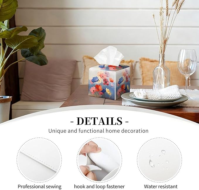 Floral Tissue Box Cover Leather Tissue Box Holder Square Facial Paper Organizer Dispenser for Bathroom Kitchen Bedroom Vanity Countertop Night Stands