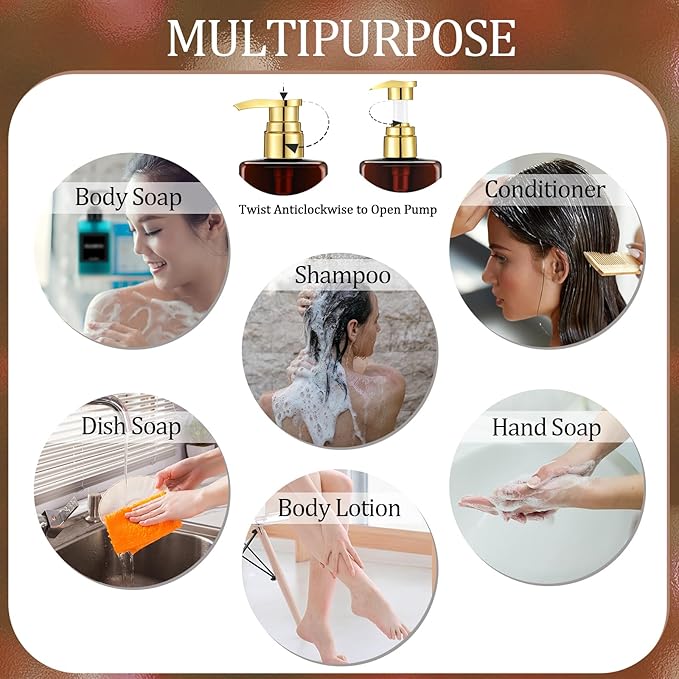 Gejoy 12 Pack Amber Shampoo and Conditioner Dispenser Bottles, 17 Oz/ 500ml Refillable Empty Pump Bottles with Labels and Marker Pen, Plastic Square Pump Dispenser Bottle for Bathroom Body Wash Shower