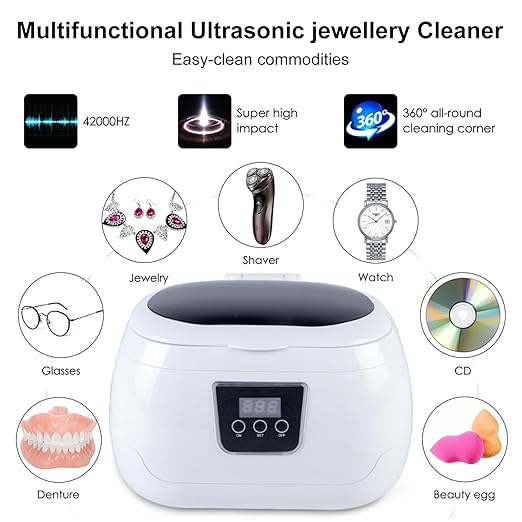 Ultrasonic Jewellery Cleaner, 600ml Sonic Jewellery Bath Machine with Cleaning Basket and Watch Stand- Stainless Steel Tank & Digital Timer -for Jewelry Glasses Watch Metal Coins Dentures
