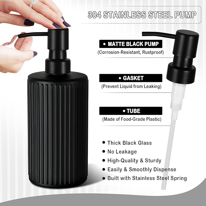 Matte Black Bathroom Accessories Set, 4 Pcs Glass Bathroom Accessory Set, Soap Dispenser, Toothbrush Holder, Qtip Holder Set, Bathroom Sets Complete, Bathroom Sink Set for Modern Home Decor