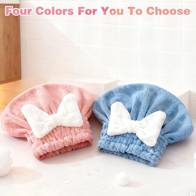 2 Pack Ultra Absorbent Hair Quick Drying Towel for Women, New Microfiber Hair Towel Wrap Dry Turban, Soft Bow Tie Plopping Head Towels Shower Cap for All Hair Style (Blue and Pink)