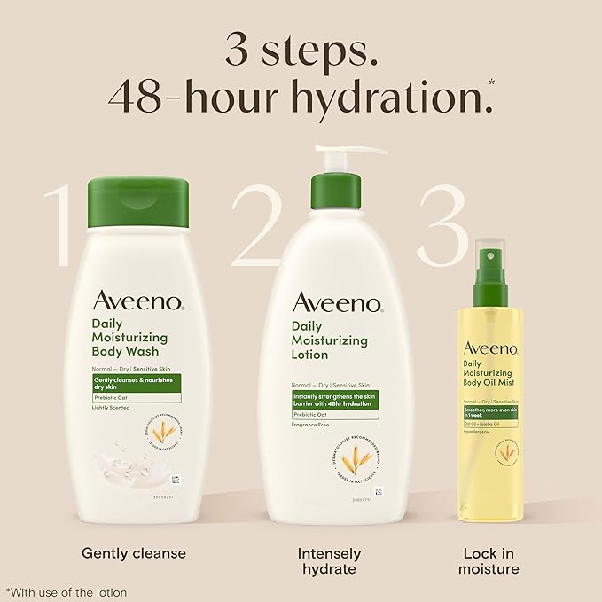 Aveeno Daily Moisturizing Dry Body Oil Mist with Oat & Jojoba Oil for Dry, Rough, Sensitive Skin, Lightweight, Non-Greasy, Body Spray, Paraben, Silicone & Phthalate-Free, 6.7 fl oz