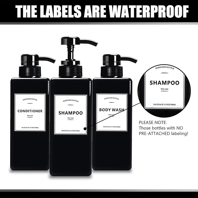 Black Shampoo Dispenser with Pump,YACEYACE 16.9oz Set of 3 Shampoo Bottles with Labels, Empty Refillable Shampoo and Conditioner Bottles, Body Wash Dispenser for Shower, Soap Dispenser Shower