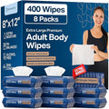 Wet Body Wipes for Adults | Shower Alternative Bathing No Rinse, Large 8” x 12”, 400 Wipes 8 Packs of 50