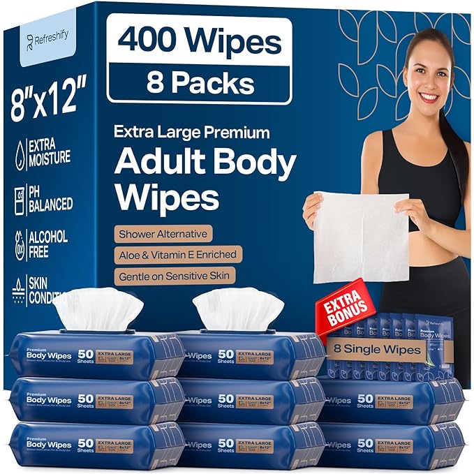 Wet Body Wipes for Adults | Shower Alternative Bathing No Rinse, Large 8” x 12”, 400 Wipes 8 Packs of 50