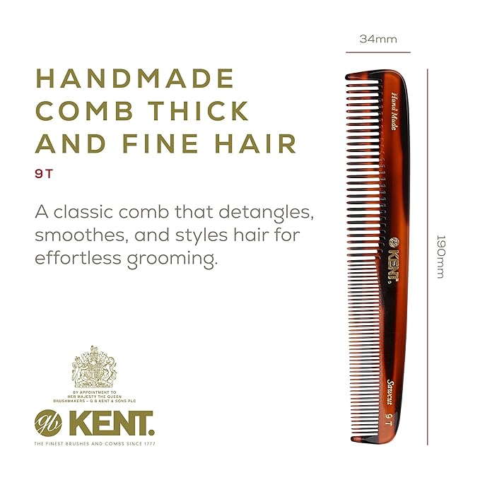Kent 9T Tortoiseshell Fine and Wide Tooth Comb - Large Handmade and Saw-Cut Detangler for Wet Hair - Durable Grooming for Men and Women - Made in England