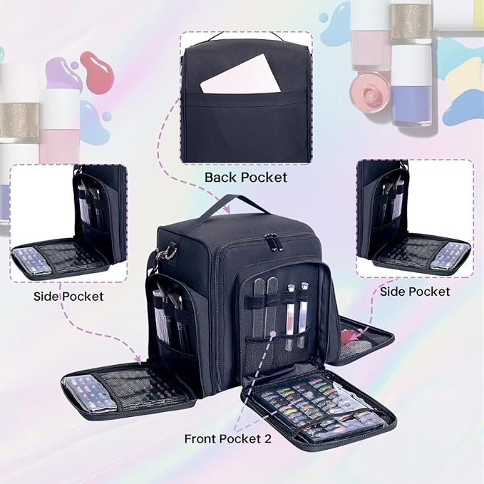 Nail Polish Organizer Holds 60 Bottles and a Nail Lamp,Portable Travel Case with 2 Removable Bags and Tools Storage Pockets Black
