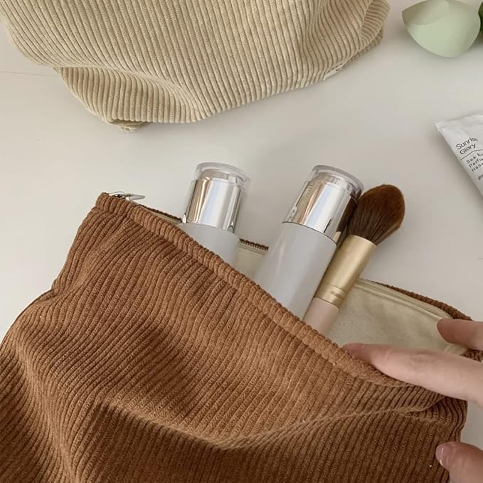 SxoSyo Cosmetic Bags for Women Makeup Bag Large Capacity Purse Travel Toiletry Zipper Storage Pouch Make up Brushes Organizer for Gifts (Corduroy, Khaki)