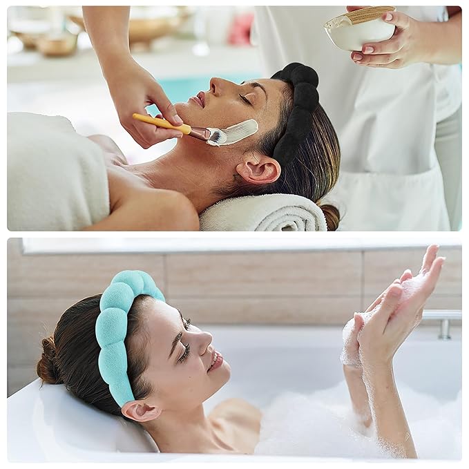 Spa Headbands for Washing Face or Facial, Set of 2 Skincare Headbands, Terry Cloth Headband Wash Combo Pack - Puffy Makeup Washing, Mask, Skin Treatment (Black & Turquoise)