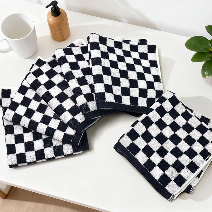 Jacquotha Washcloths 12 Pack Checkered - Wash Cloths for Showering (13"x13") in Black, Multi-Purpose Bathroom Face Cloths, Soft and Quick Dry