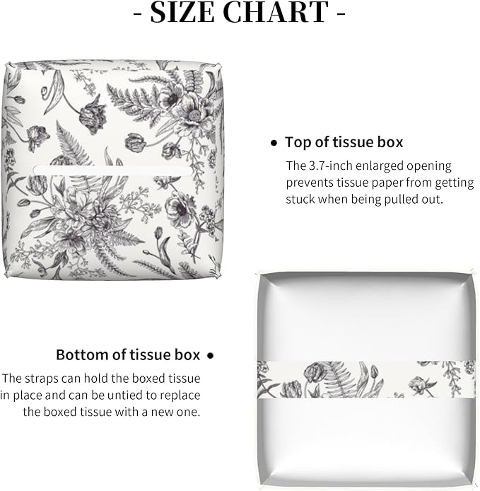 Black and White Flowers Tissue Box Cover Square,Vintage Floral Plant Leaves Tissue Box Holder Waterproof Leather Facial Paper Organizer Dispenser for Bathroom Home Car Nightstand Vanity Desk