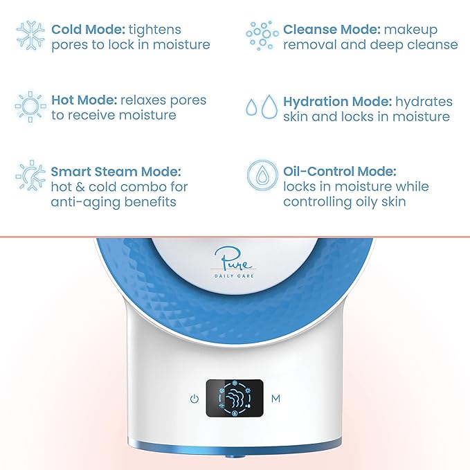 Pure Daily Care NanoSteamer Clinical 10-in-1 Smart Dermatologist Grade Ionic Facial Steamer - 2 Multi-Position Face Steamer Nozzles for Aromatherapy - 6 Pre-Porgrammed Modes - Include Extraction Set