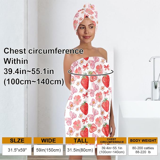 Women’s Strawberry & Bow Bath Wrap Set with Quick-Dry Bath Skirt and Hair Towel, Soft Absorbent Microfiber Spa Shower Body Wrap with Elastic Closure, As for Home Beauty, Gym, Dorm (Strawberry 4)