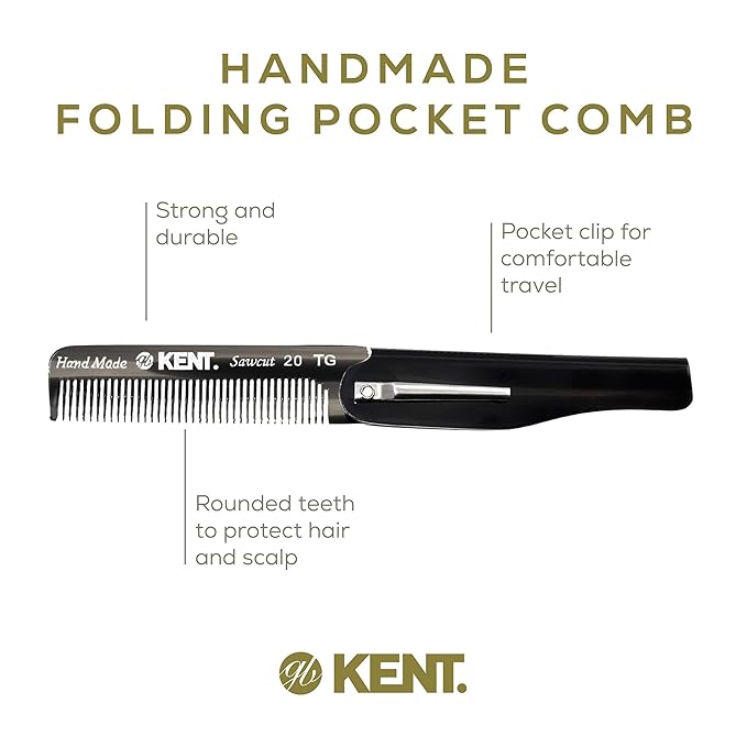 Kent 20T Black Graphite Handmade Folding Pocket Comb for Men, Fine Tooth Hair Comb Straightener for Everyday Grooming Styling Hair, Beard or Mustache, Use Dry or with Balms, Saw Cut, Made in England