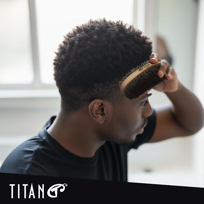 TITAN Double Sided Military Hair Brush – Soft & Hard Boar Bristle Wave Brush for Men – Dual-Sided Palm Brush with Wooden Handle for 360 Waves, Beard, and Hair Grooming