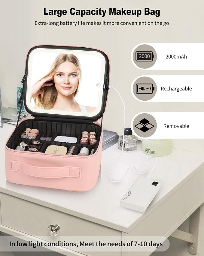 TANTO Makeup Bag With LED Mirror, Travel Makeup Case with Light up Mirror Large Cosmetic Case with 3 Color Lighted Portable Professional Organizer Bag with Adjustable Dividers（Pink）