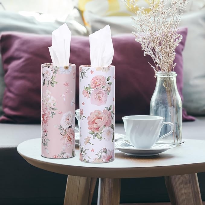 Ctosree 300 Sheets Spring Car Tissues Holder with Facial Tissues 3-ply Travel Tissue Tubes 6pk Floral Cylinder Box Container Fit for Car Cup Holder Office Decoration, 7.1 Inch(Champagne,White)