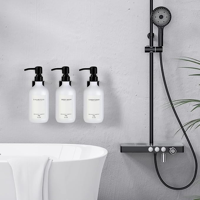 Shampoo Dispenser for Shower Wall Mount, No Drill Shampoo and Conditioner Dispenser with Matte Pump and Waterproof Labels, Shower Soap Dispenser Wall Mounted for Home Bathroom - White