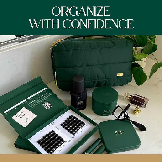 TAD Beauty Makeup Bag Organizer - Puffy Travel Cosmetic Pouch for Women & Teens - Toiletry Case with Zippered Mesh Pocket, Large Capacity Lash Tool Storage, Soft Holder for Skincare Essentials - Green