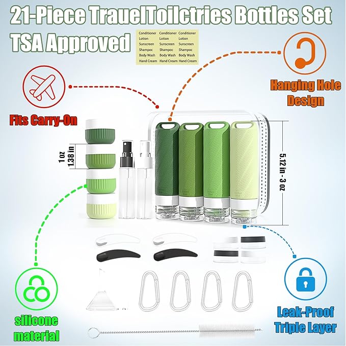 26 Pieces Travel Size Toiletries Bottles Set, Tsa Approved Leakproof Refillable Travel Bottles with Hanging hole design, Silicone Material, Suitable for Shampoo, Conditioner, and Body Lotion