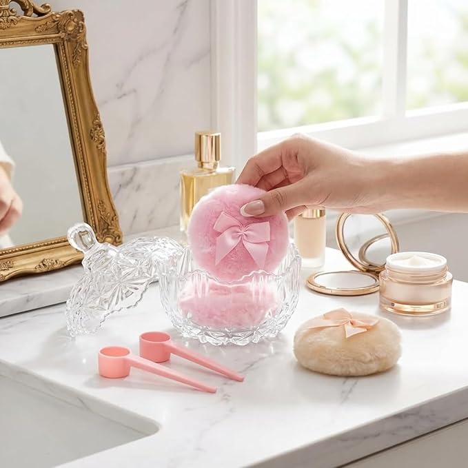Body Powder Puff and Container, Soft Powder Puff,Glass Box for Dust Puff,Powder Puff for Body Powder,Powder Puff Wet Dry Makeup,Powder Applicator With Case for Dusting Powder (clear)