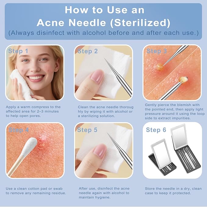 Pimple Extractor Tools, 6-PCS Professional Stainless Steel Blackheads, Whiteheads, Pimples, Boils, Stray Hairs Remover Tools Set with Mirror and Product User Manual, 18-Month Replacement Warranty！