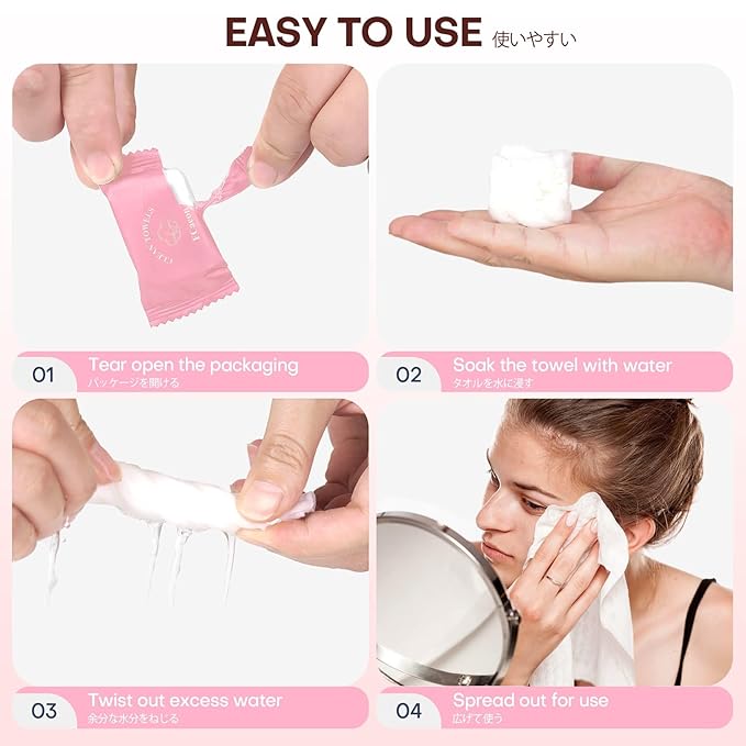 Disposable Face Towel Large Ultra Soft Compressed Towel Tablets for Travel Individually Wrapped, 12x9 Inch Portable Face Washcloths Reusable for Gym Hiking Camping Outdoor Sports(50 Pcs Pink)