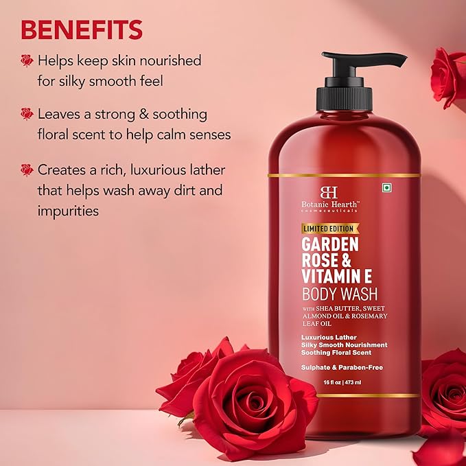 Botanic Hearth Garden Rose & Vitamin E Body Wash – Limited Edition Hydrating Shower Gel with Shea Butter & Sweet Almond Oil, Luxurious Lather, Sulfate & Paraben Free – 16 fl oz