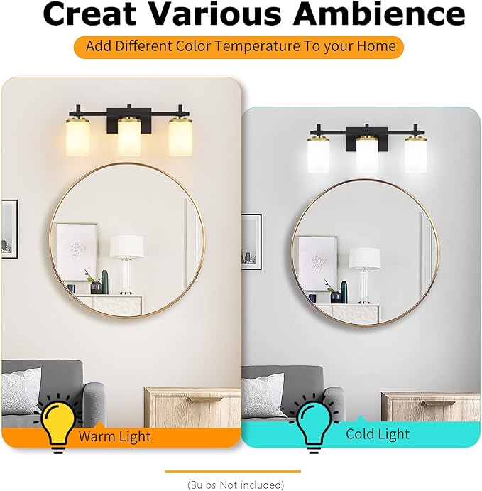 3-Lights Black and Gold Bathroom Lighting Fixtures Over Mirror, Anti-Rust Vanity Wall Lights for Bathroom with Milky White Frosted Glass Shades, Modern Bath Wall Lamp for Living Room Bedroom