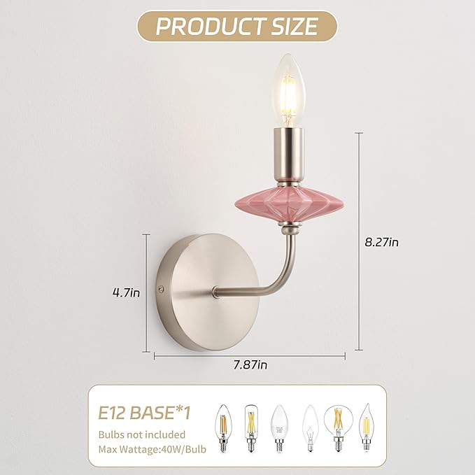 Modern Retro Wall sconces Set of Two with Pink Ceramic Flower Decoration,Brushed Nickel Wall Lights, Hardwired Vintage Vanity Light for Bathroom, Living Room, Bedroom, and hallways.
